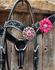 Pony Black Floral Pink Flower V-Browband Tack Set