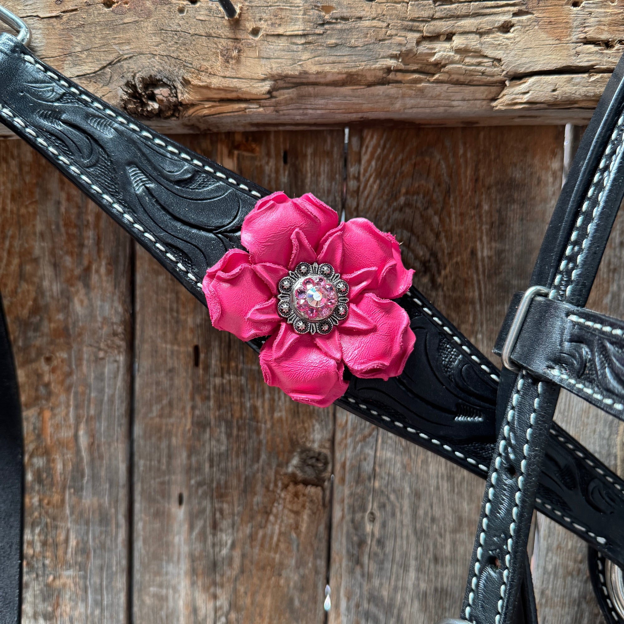 Pony Black Floral Pink Flower V-Browband Tack Set
