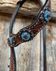 Medium Oil Floral Amethyst - Aqua One Ear- Browband Breastcollar Tack Set