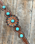 Medium Oil Floral Rosettes and Turquoise One Ear/ Breastcollar Tack Set
