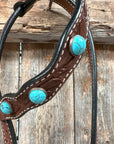 Medium Oil Floral Rosettes and Turquoise One Ear/ Breastcollar Tack Set