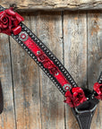 Dark Oil Silver Dot Red Roses Browband/Breastcollar Tack Set