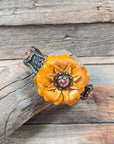DC20 - Black Leather Dog Collar With Yellow Flower & Copper Conchos 10"- 22"