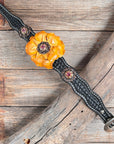 DC20 - Black Leather Dog Collar With Yellow Flower & Copper Conchos 10"- 22"
