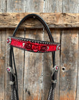 Dark Oil Silver Dot Red Roses Browband/Breastcollar Tack Set