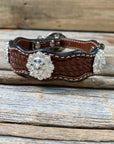 Leather Dog Collar With Bright Silver Clear Conchos 10" to 22" -DC1