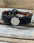 Leather Dog Collar With Bright Silver Clear Conchos 10" to 22" -DC1