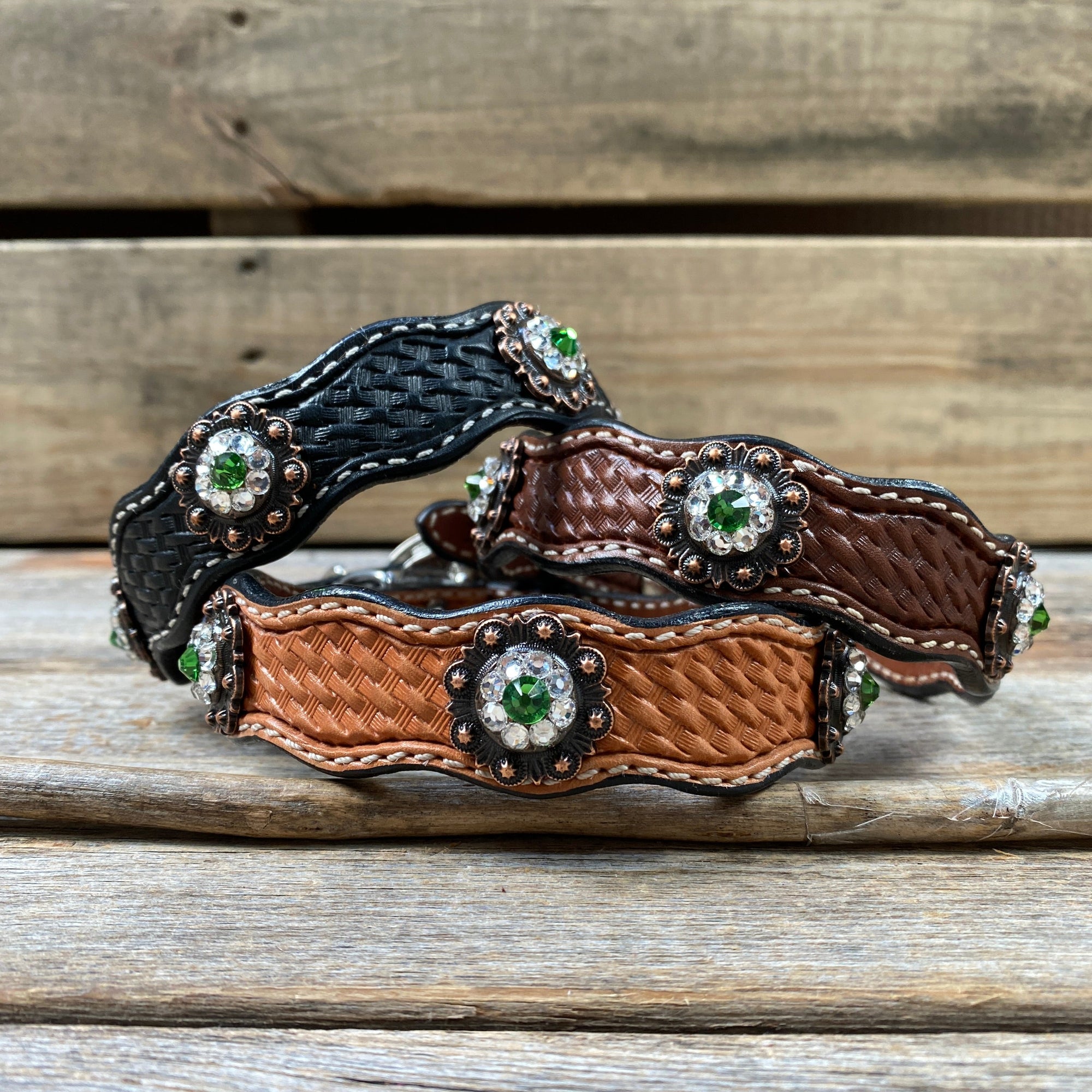 Leather Dog Collar With Copper Fern and Clear Conchos 10" to 22" -DC11