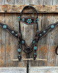 Dark Oil Turquoise Floral One Ear / Browband & Breastcollar Tack Set