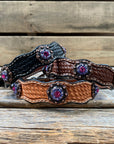 Leather Dog Collar With Copper Fuchsia and Lilac Conchos 10" to 22" -DC35
