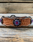 Leather Dog Collar With Copper Fuchsia and Lilac Conchos 10" to 22" -DC35