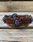 Leather Dog Collar With Copper Fuchsia and Lilac Conchos 10" to 22" -DC35