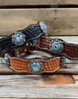 Leather Dog Collar With Antique Silver Aqua and Clear Conchos 10" to 22" -DC39