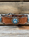 Leather Dog Collar With Antique Silver Aqua and Clear Conchos 10" to 22" -DC39