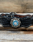 Leather Dog Collar With Antique Silver Aqua and Clear Conchos 10" to 22" -DC39