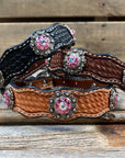 Leather Dog Collar With Antique Silver Pink and AB Conchos 10" to 22" -DC40