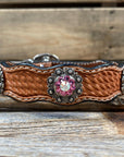 Leather Dog Collar With Antique Silver Pink and AB Conchos 10" to 22" -DC40