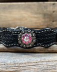 Leather Dog Collar With Antique Silver Pink and AB Conchos 10" to 22" -DC40