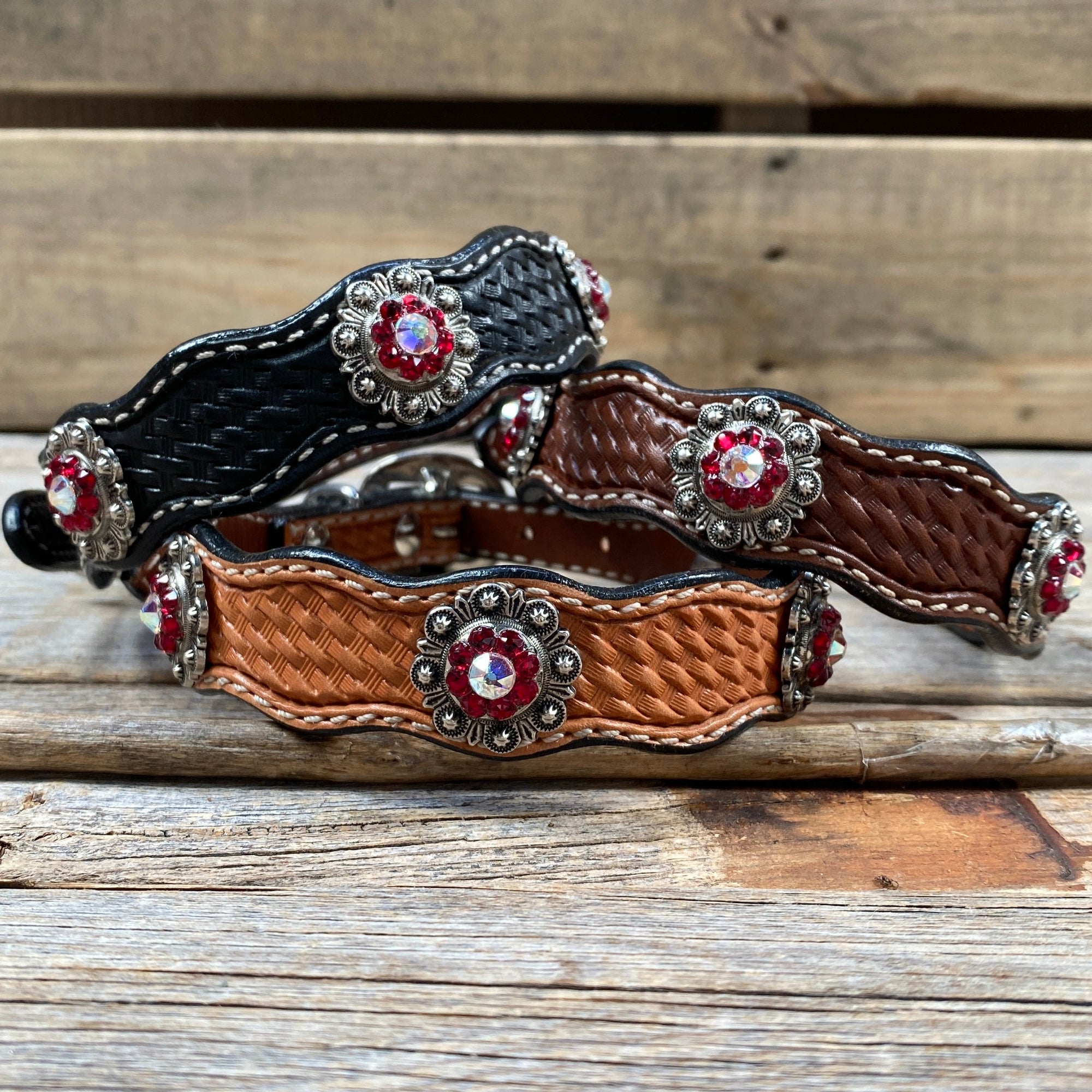Leather Dog Collar With Antique Silver Ruby and AB Conchos 10" to 22" -DC41