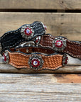 Leather Dog Collar With Antique Silver Ruby and AB Conchos 10" to 22" -DC41