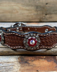 Leather Dog Collar With Antique Silver Ruby and AB Conchos 10" to 22" -DC41