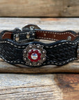 Leather Dog Collar With Antique Silver Ruby and AB Conchos 10" to 22" -DC41