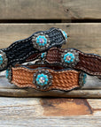 Leather Dog Collar With Antique Silver Turquoise and AB Conchos 10" to 22" -DC5