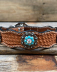 Leather Dog Collar With Antique Silver Turquoise and AB Conchos 10" to 22" -DC5