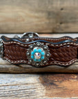 Leather Dog Collar With Antique Silver Turquoise and AB Conchos 10" to 22" -DC5