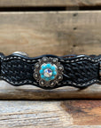 Leather Dog Collar With Antique Silver Turquoise and AB Conchos 10" to 22" -DC5