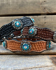 Leather Dog Collar With Antique Silver Teal and AB Conchos 10" to 22" -DC45