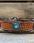 Leather Dog Collar With Antique Silver Teal and AB Conchos 10" to 22" -DC45