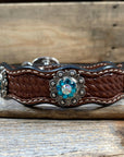 Leather Dog Collar With Antique Silver Teal and AB Conchos 10" to 22" -DC45