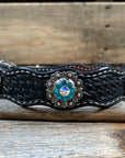 Leather Dog Collar With Antique Silver Teal and AB Conchos 10" to 22" -DC45