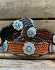 Leather Dog Collar With Bright Silver Aqua and Clear Conchos 10" to 22" -DC47