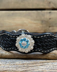 Leather Dog Collar With Bright Silver Aqua and Clear Conchos 10" to 22" -DC47