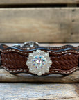 Leather Dog Collar With Bright Silver AB Conchos 10" to 22" -DC49