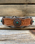 Leather Dog Collar With Copper Green Turquoise Conchos 10" to 22" W103S -DC51