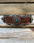 Leather Dog Collar With Copper Green Turquoise Conchos 10" to 22" W103S -DC51