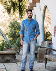 Men's Cotton Blue Aztec Digital Print Dress Shirt