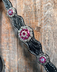 Black Floral Fuchsia Browband / One Ear Tack Set