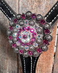 Black Floral Fuchsia Browband / One Ear Tack Set