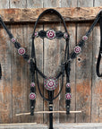 Black Floral Fuchsia Browband / One Ear Tack Set
