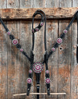 Black Floral Fuchsia Browband / One Ear Tack Set