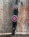 Black Floral Fuchsia Browband / One Ear Tack Set