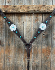 Dark Oil Floral Turquoise Cabochon Browband / Breastcollar Tack Set