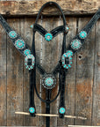 Black Floral Turquoise - Clear Browband / Breastcollar Tack Set