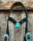Black Floral Turquoise - Clear Browband / Breastcollar Tack Set