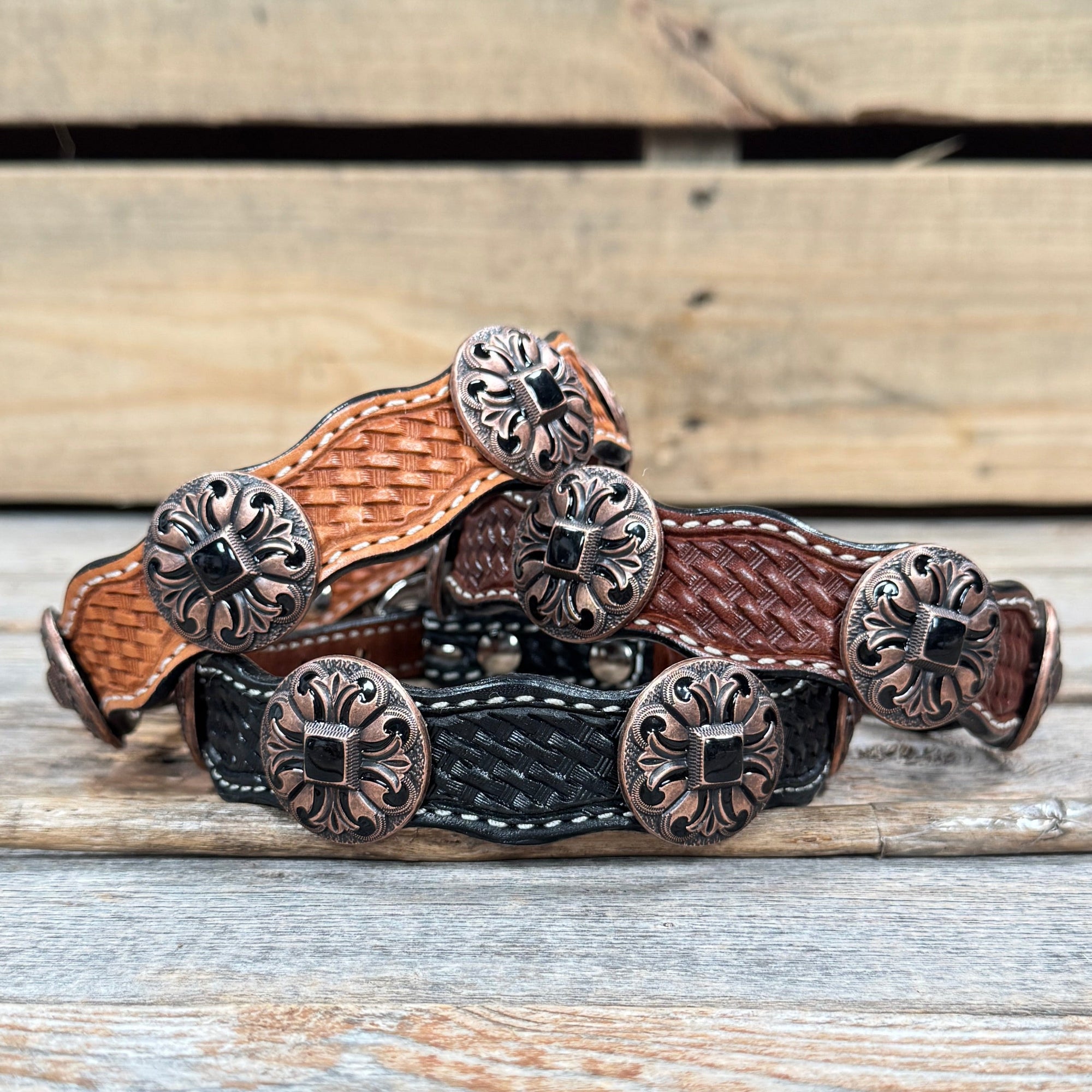 Leather Dog Collar With Black Fleur De Lis Conchos 12" to 22" W241 -DC73