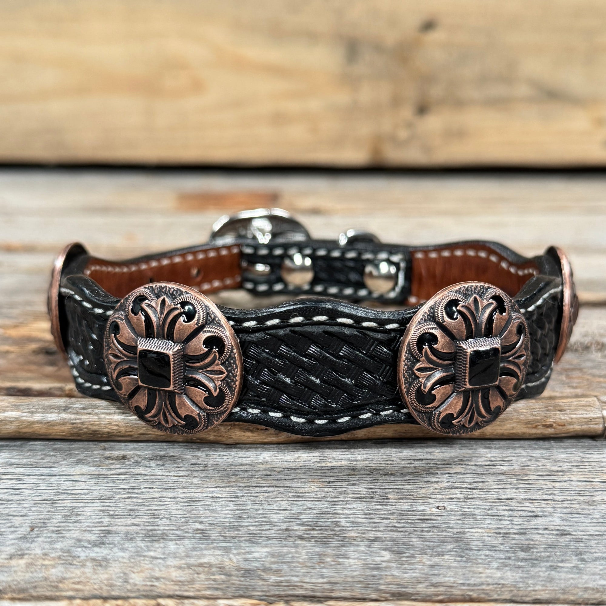 Leather Dog Collar With Black Fleur De Lis Conchos 12" to 22" W241 -DC73